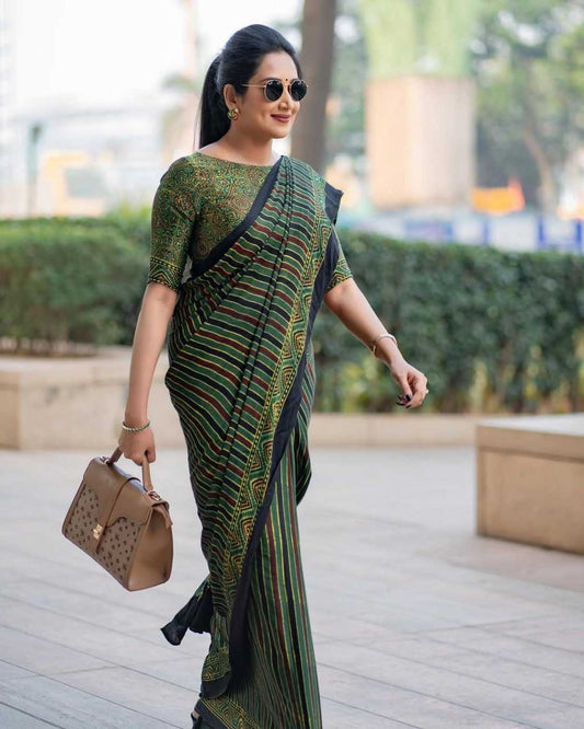 Digital Print Border Semi Gajji Green Silk Saree