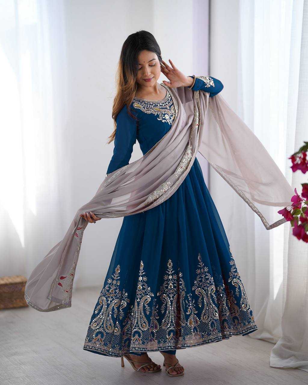 Blue Anarkali with Multi-Thread Heavy 5mm Embroidery Sequence Work