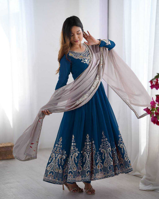 Blue Anarkali with Multi-Thread Heavy 5mm Embroidery Sequence Work
