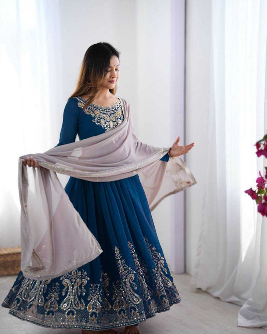 Blue Anarkali with Multi-Thread Heavy 5mm Embroidery Sequence Work