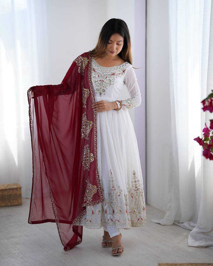 White Anarkali with Multi-Thread Heavy 5mm Embroidery Sequence Work