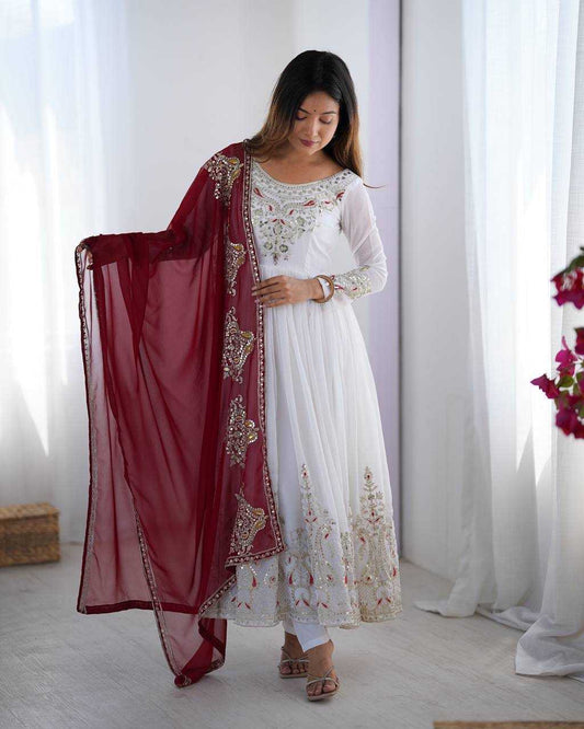 White Anarkali with Multi-Thread Heavy 5mm Embroidery Sequence Work