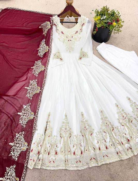 White Anarkali with Multi-Thread Heavy 5mm Embroidery Sequence Work
