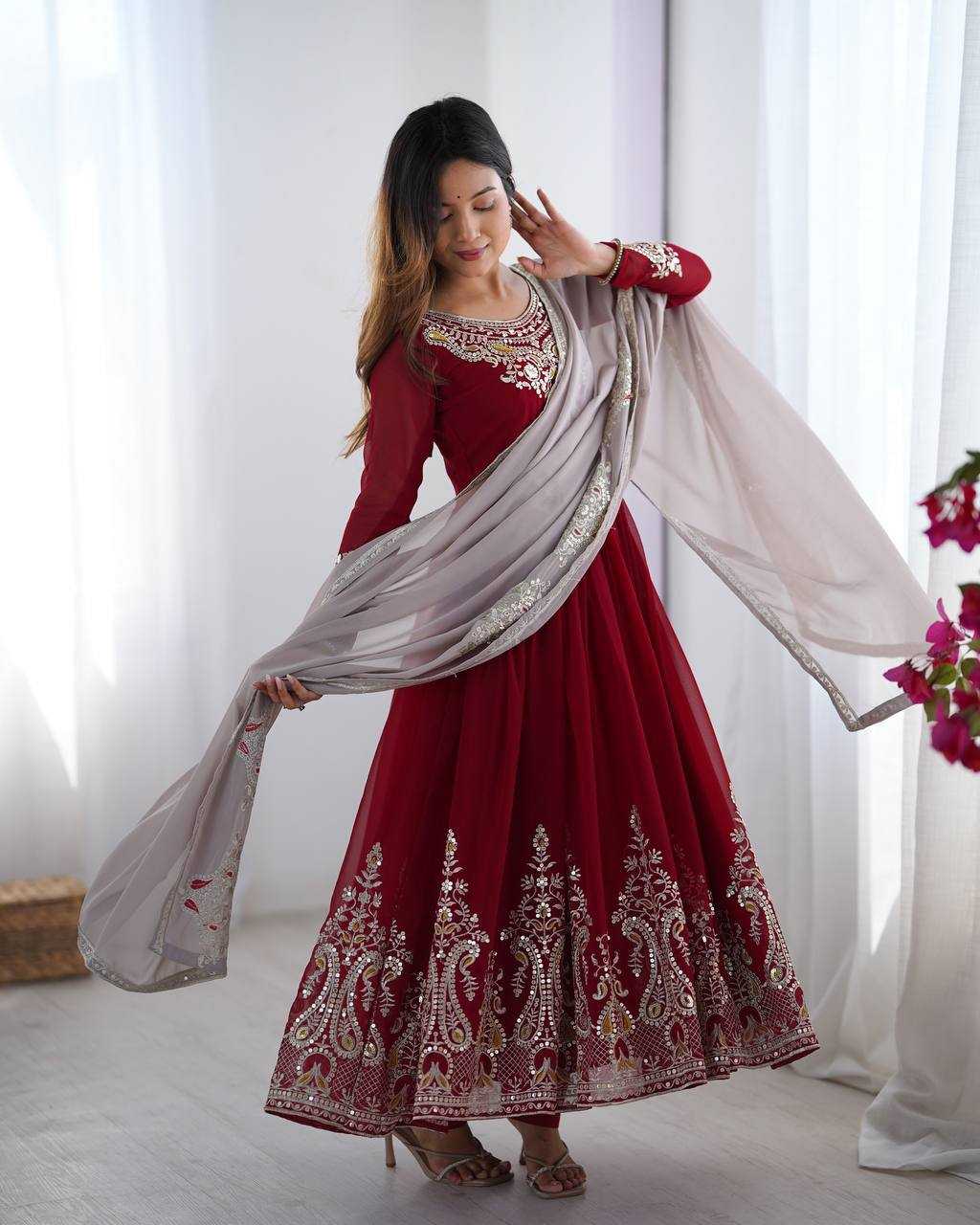 Maroon Anarkali with Multi-Thread Heavy 5mm Embroidery Sequence Work