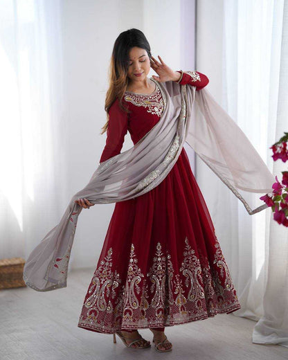 Maroon Anarkali with Multi-Thread Heavy 5mm Embroidery Sequence Work