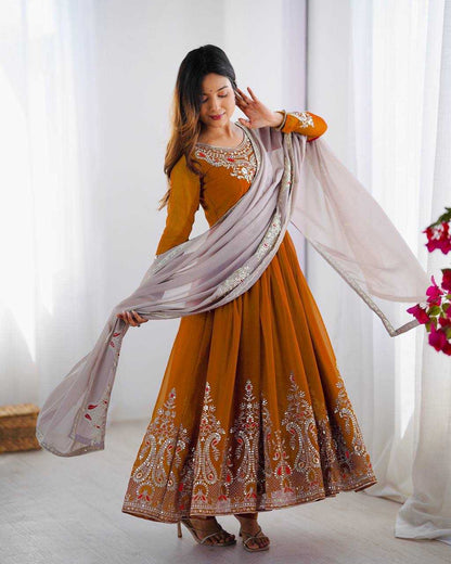 Yellow Anarkali with Multi-Thread Heavy 5mm Embroidery Sequence Work