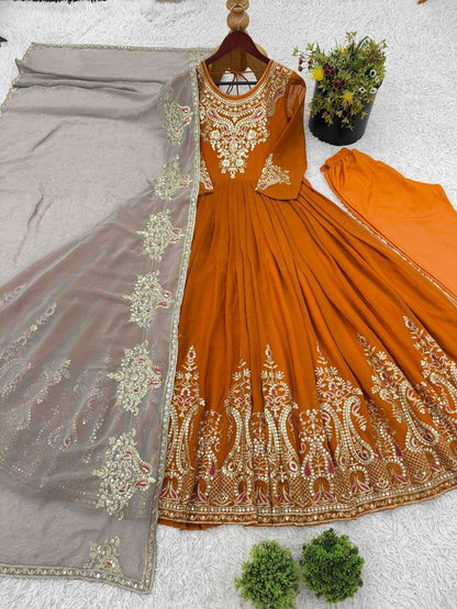 Yellow Anarkali with Multi-Thread Heavy 5mm Embroidery Sequence Work
