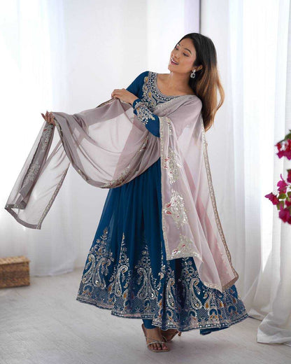 Blue Anarkali with Multi-Thread Heavy 5mm Embroidery Sequence Work