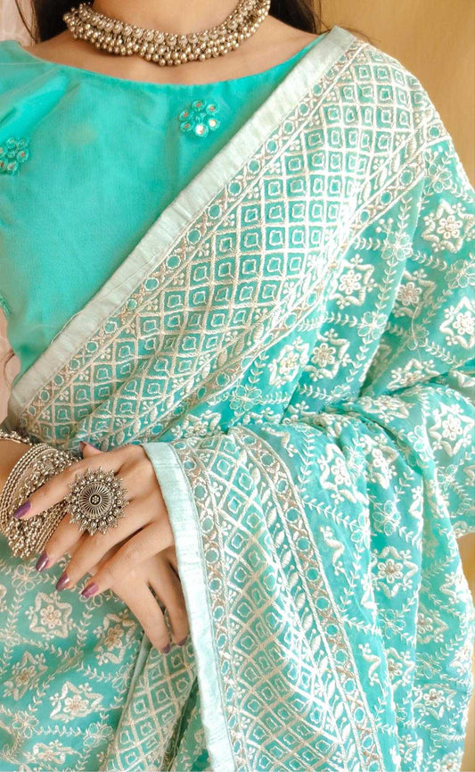 Beautiful Lucknowi embroidery with silver jari touch up