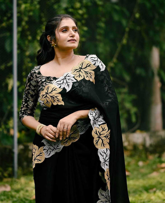 Soft Georgette Black Saree with Clover Leaf