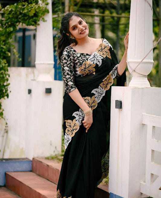 Soft Georgette Black Saree with Clover Leaf