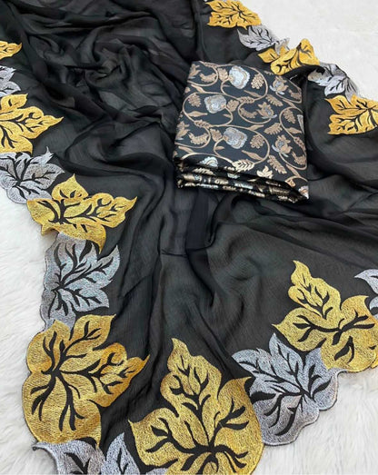 Soft Georgette Black Saree with Clover Leaf