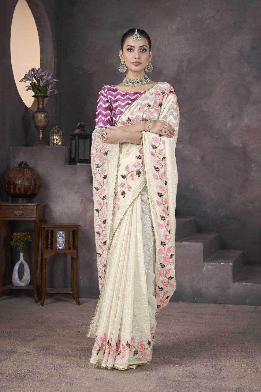 Soft Crush Georgette withThread Embroidery work of Leaf Pattern