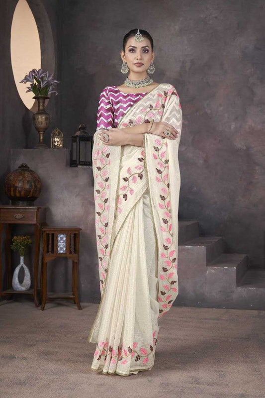 Soft Crush Georgette withThread Embroidery work of Leaf Pattern