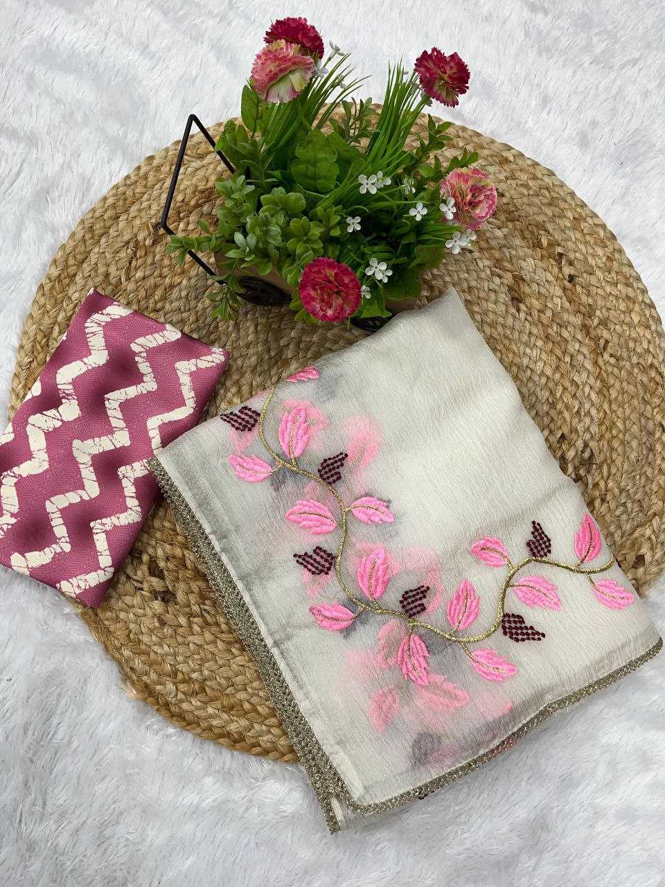 Soft Crush Georgette withThread Embroidery work of Leaf Pattern