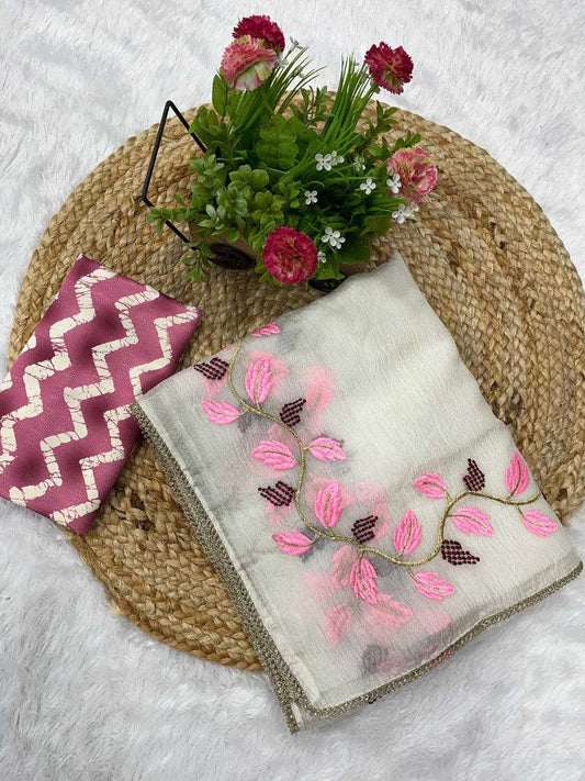 Soft Crush Georgette withThread Embroidery work of Leaf Pattern