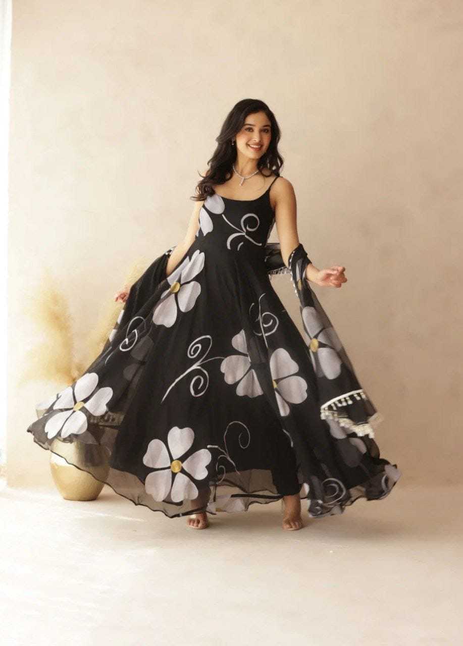 Clover Flower Black Georgette Gown