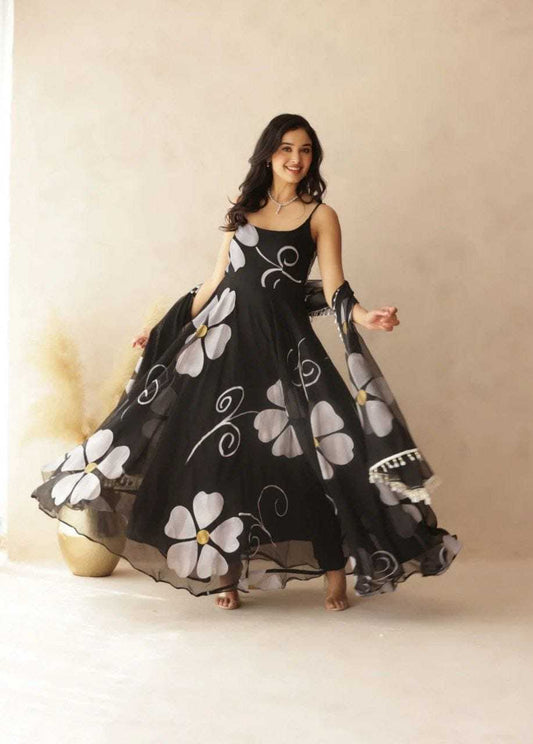Clover Flower Black Georgette Gown
