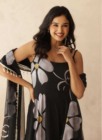 Clover Flower Black Georgette Gown