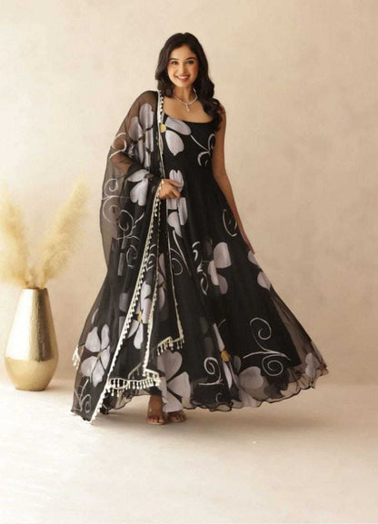 Clover Flower Black Georgette Gown