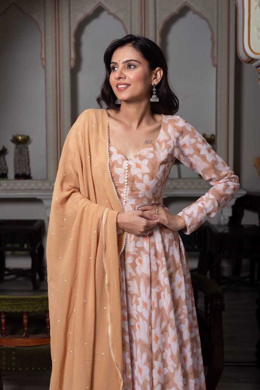 Light Brown Anarkali with White Floral Design