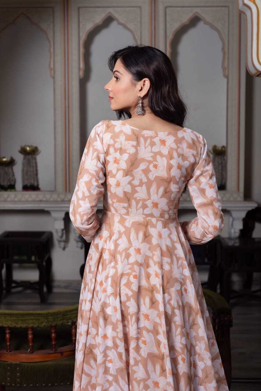 Light Brown Anarkali with White Floral Design