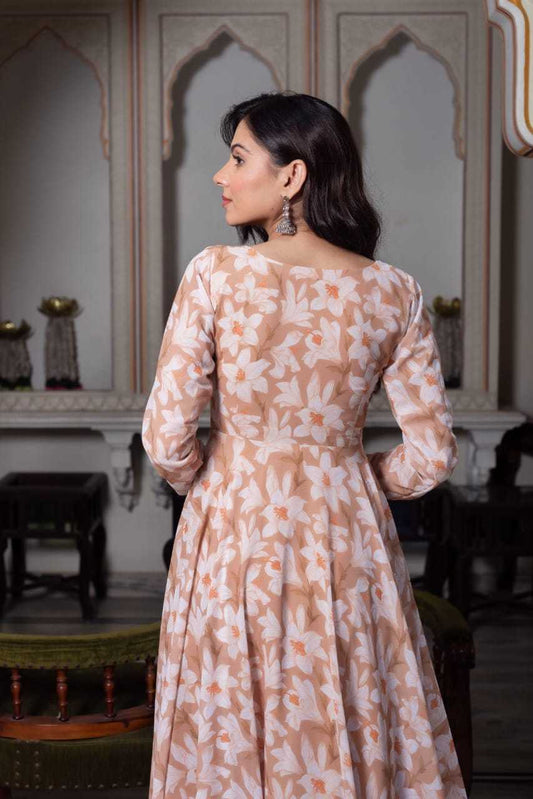 Light Brown Anarkali with White Floral Design