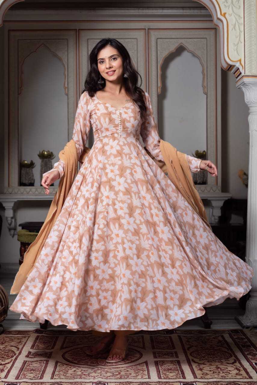 Light Brown Anarkali with White Floral Design