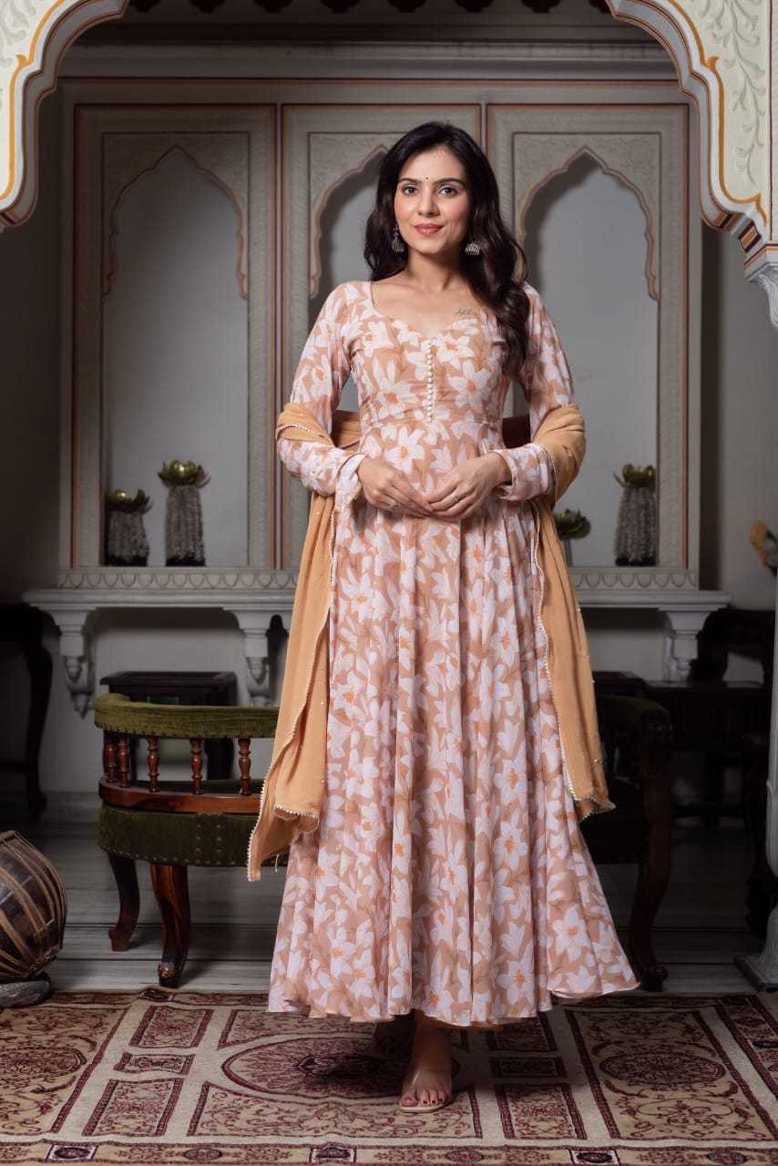 Light Brown Anarkali with White Floral Design