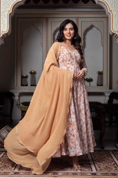 Light Brown Anarkali with White Floral Design