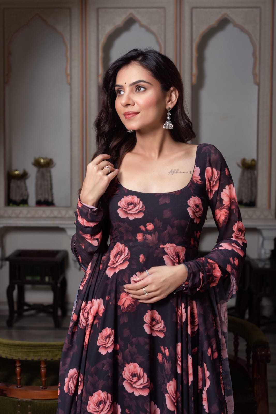Pink Floral Printed Georgette Anarkali