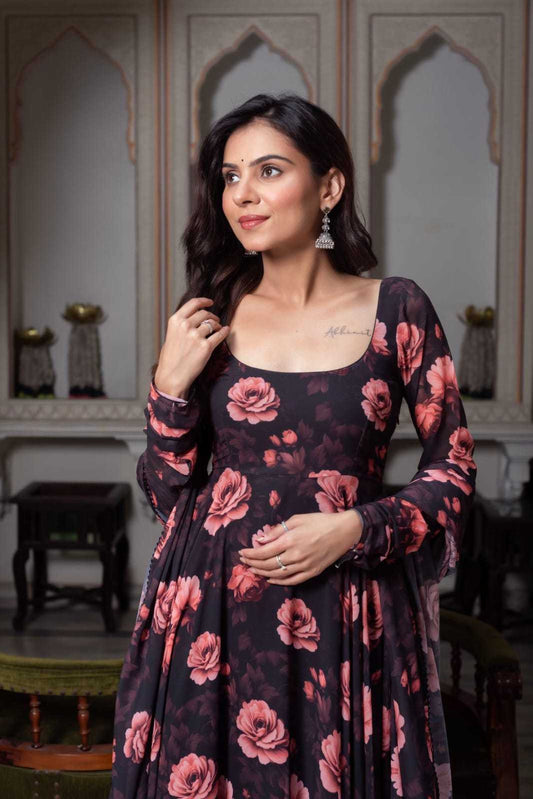 Pink Floral Printed Georgette Anarkali