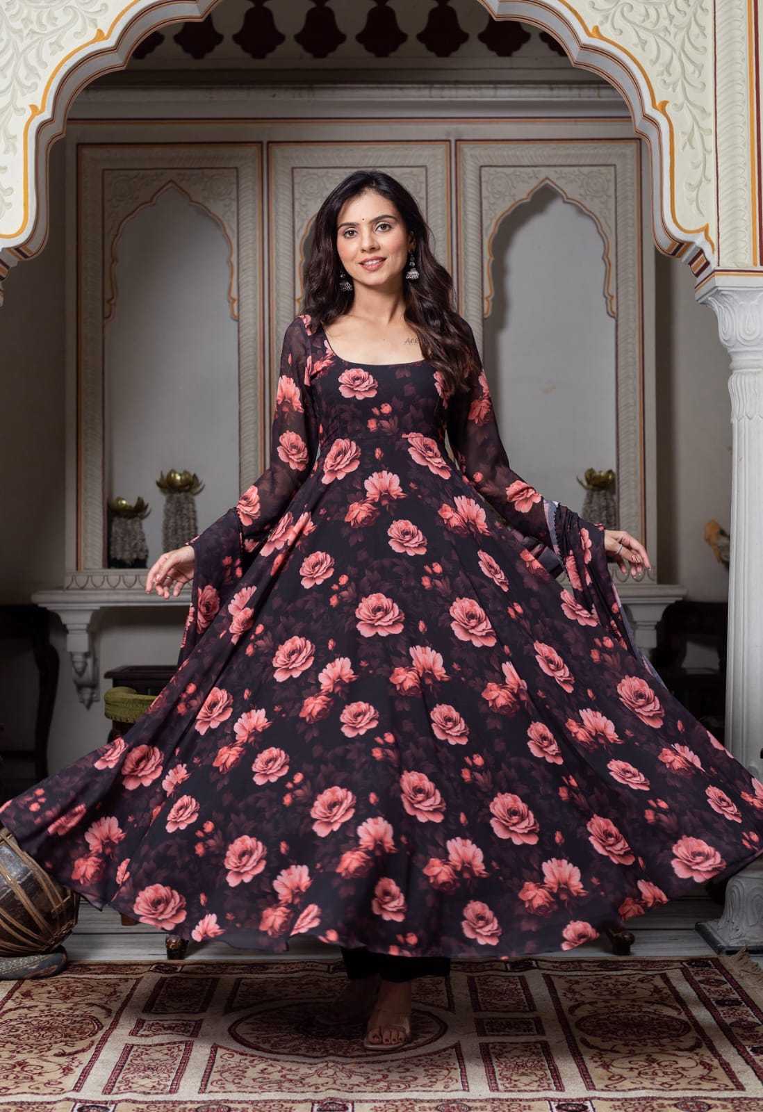 Pink Floral Printed Georgette Anarkali