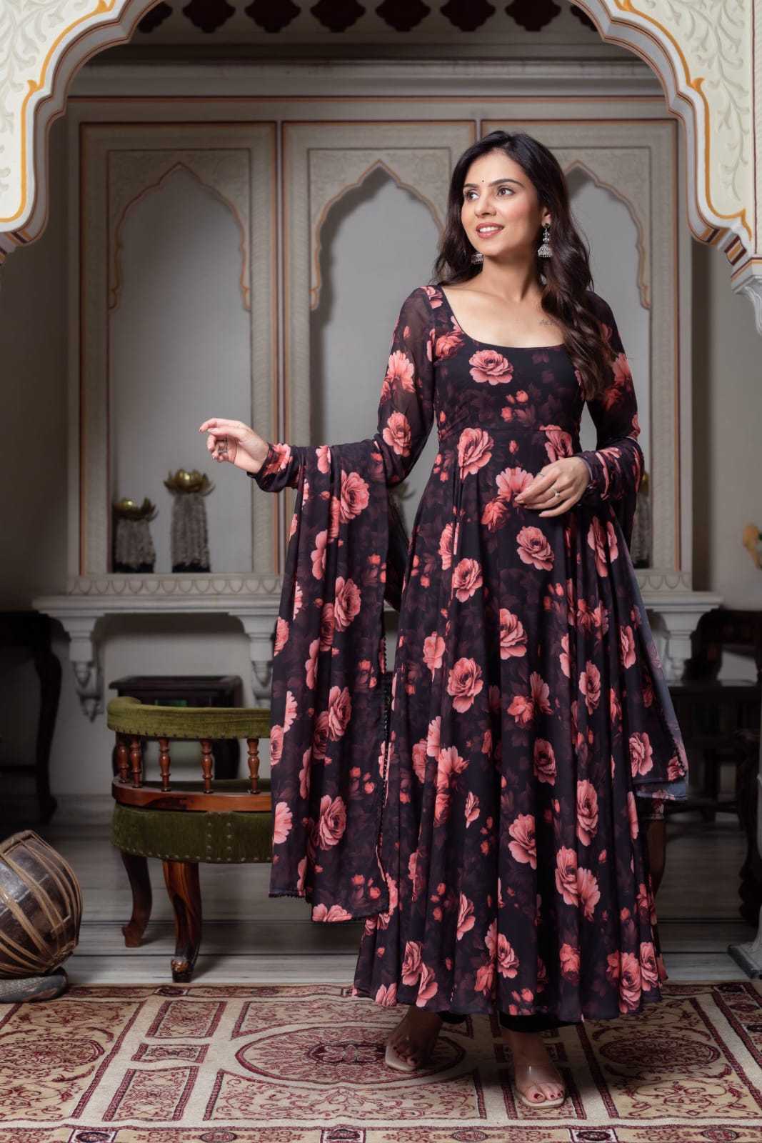 Pink Floral Printed Georgette Anarkali