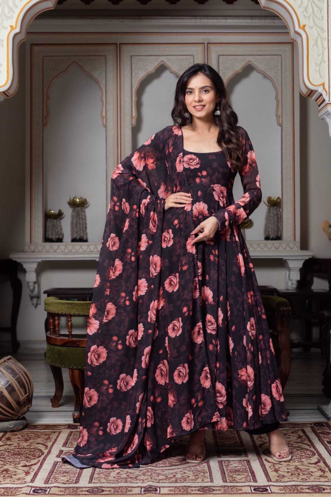 Pink Floral Printed Georgette Anarkali