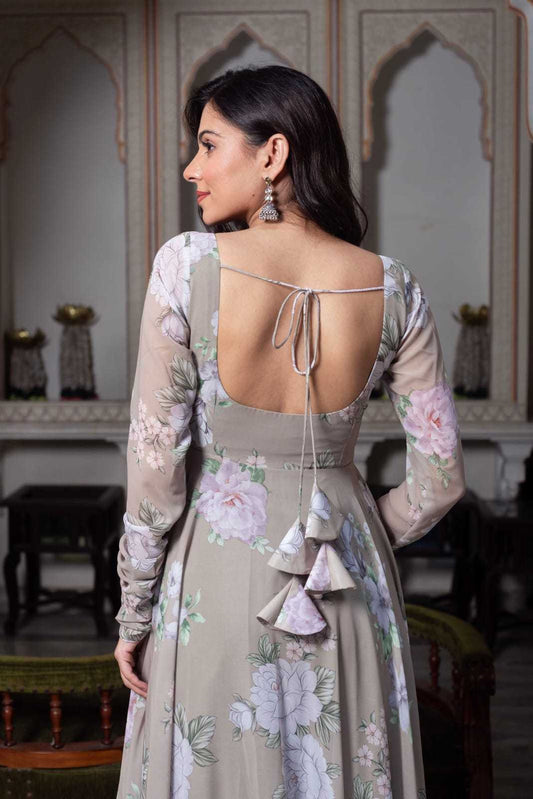 Multi Floral Light Brown Anarkali Gowns