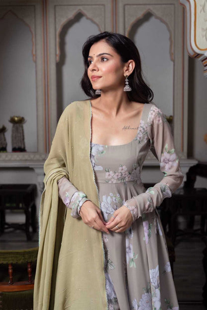 Multi Floral Light Brown Anarkali Gowns