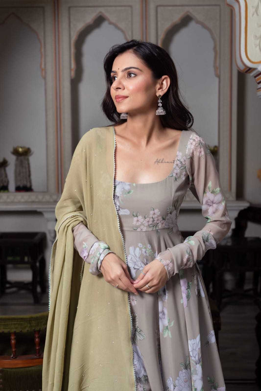 Multi Floral Light Brown Anarkali Gowns