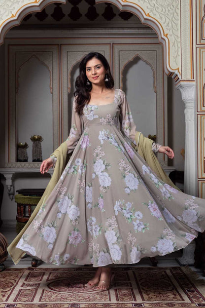 Multi Floral Light Brown Anarkali Gowns
