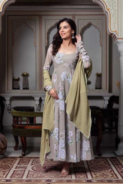 Multi Floral Light Brown Anarkali Gowns