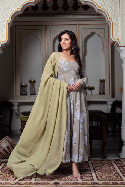 Multi Floral Light Brown Anarkali Gowns