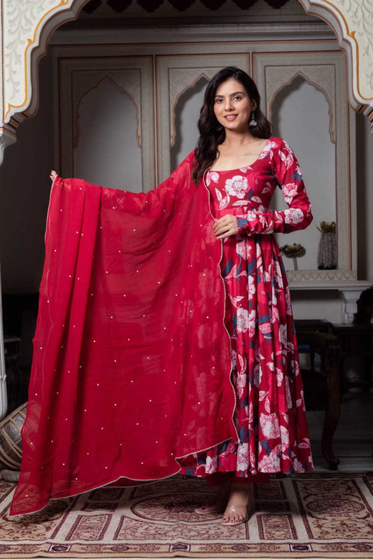 Red Anarkali with Light Pink Floral Design