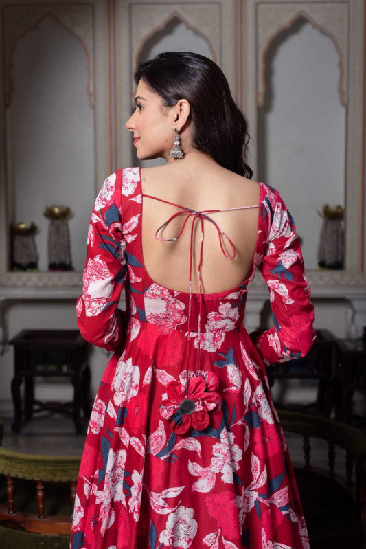 Red Anarkali with Light Pink Floral Design