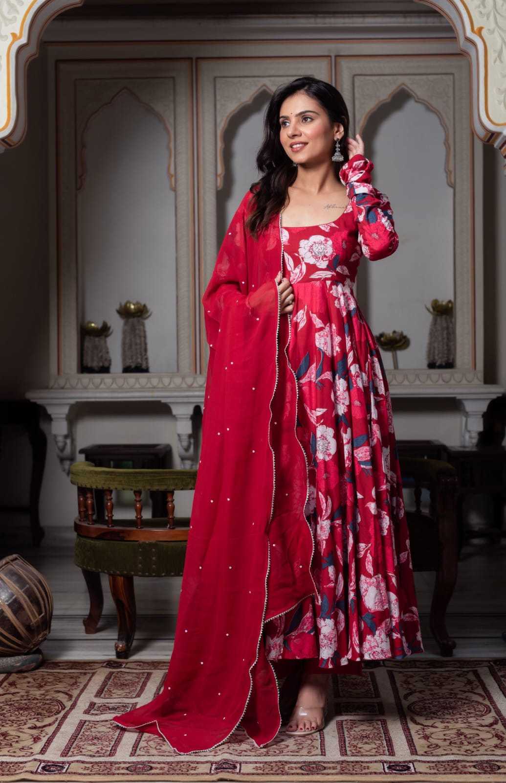 Red Anarkali with Light Pink Floral Design