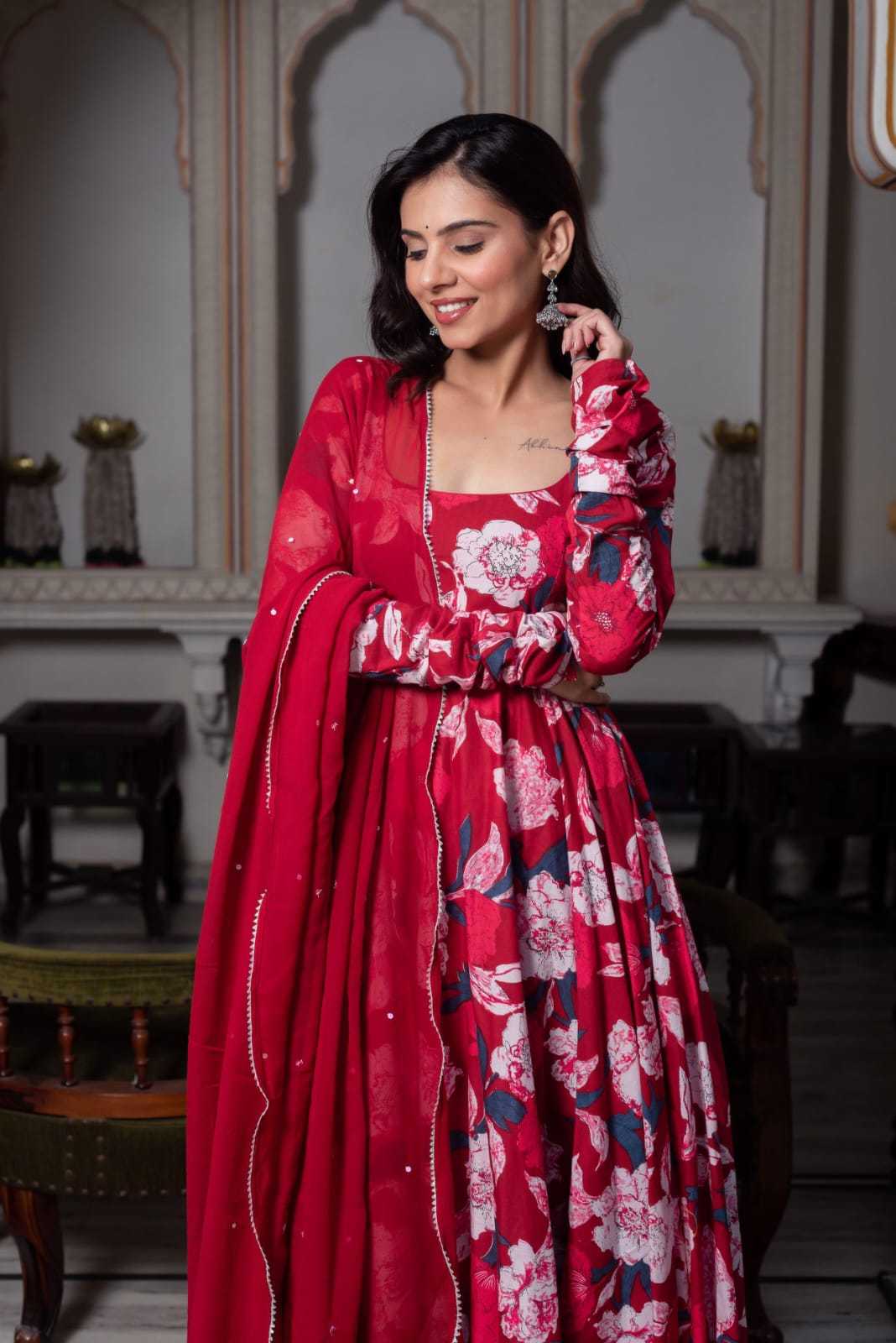 Red Anarkali with Light Pink Floral Design