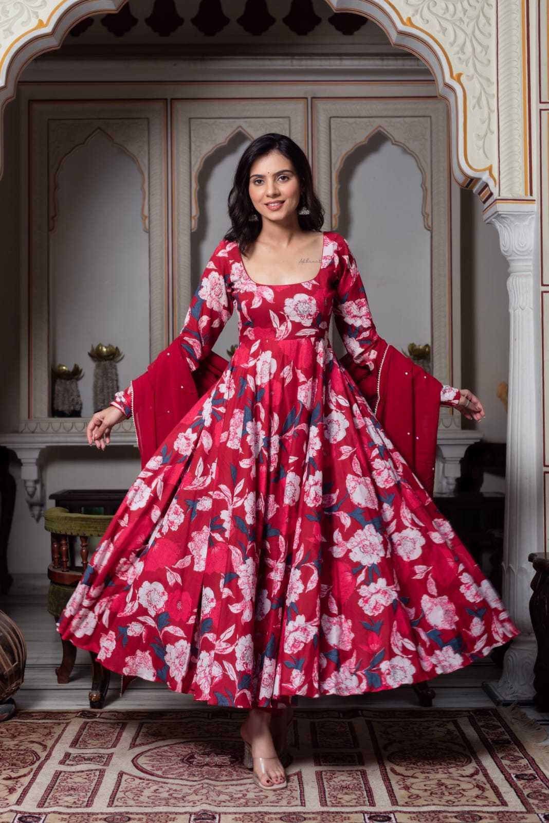 Red Anarkali with Light Pink Floral Design