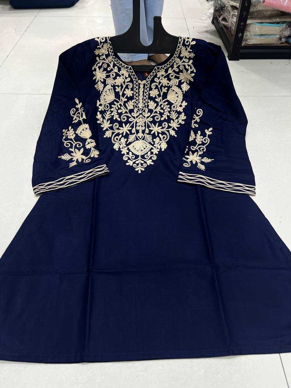 Heavy Rayon Blue Kurti  With Embroidery work Neck and Sleeves