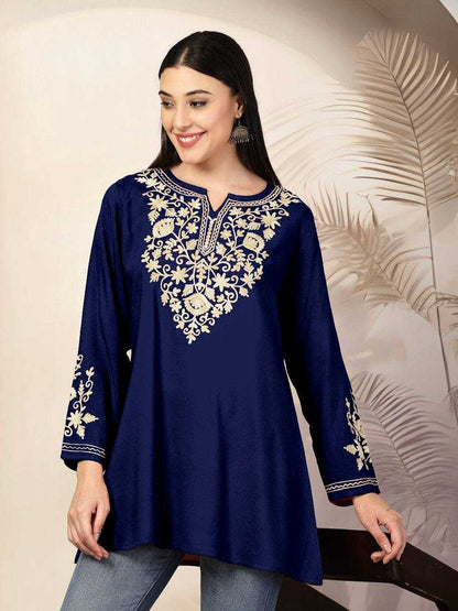 Heavy Rayon Blue Kurti  With Embroidery work Neck and Sleeves