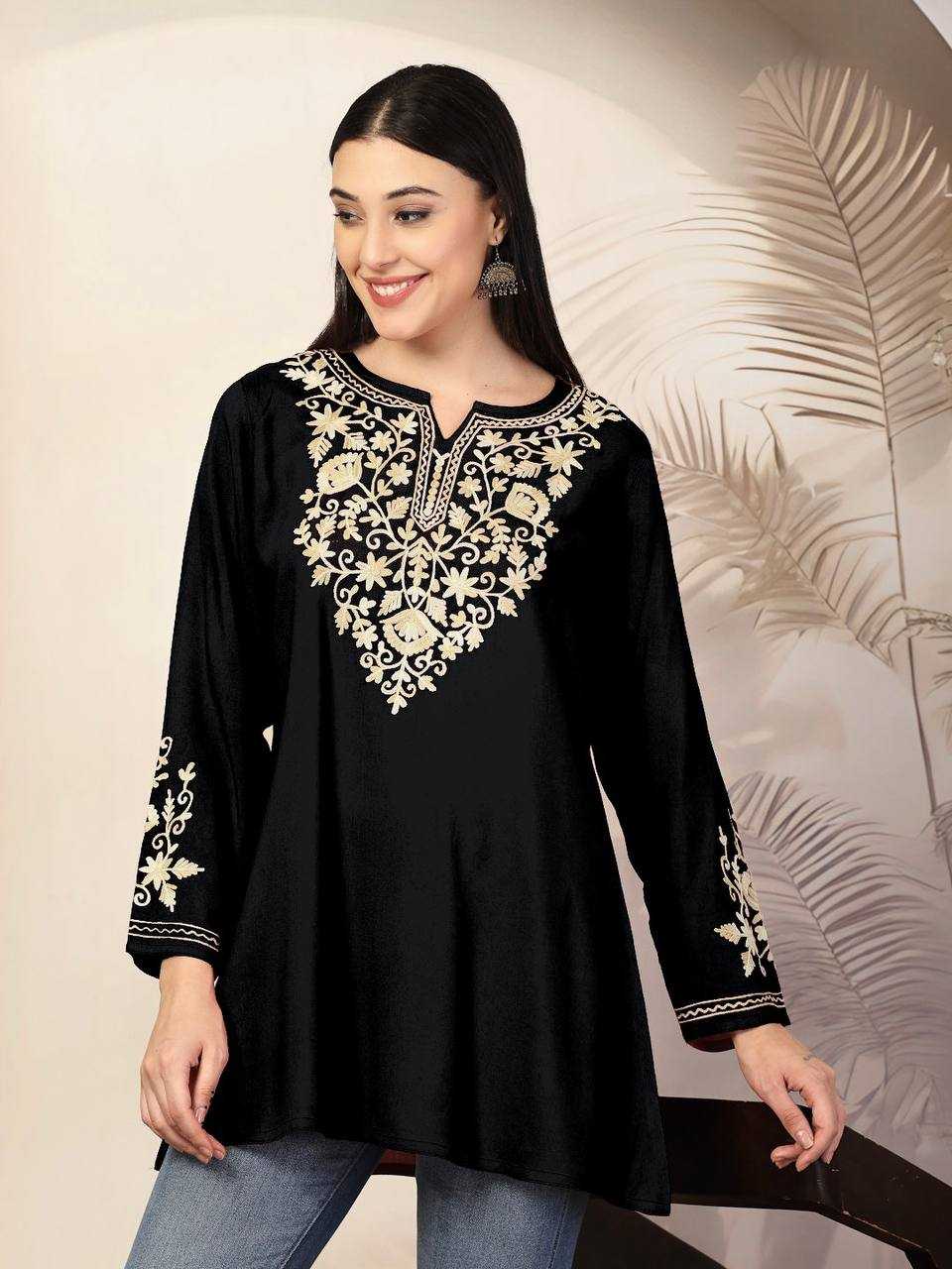 Heavy Rayon Black Kurti  With embroidery work Neck and Sleeves