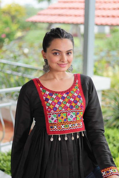 Roman fabric with  Kutchi Gamthi Work Black Kurti